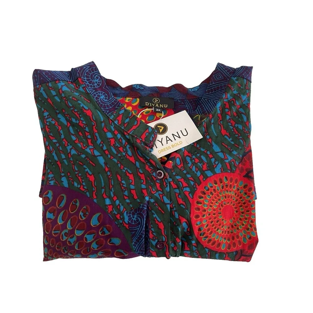 D'IYANU Dress Bold Blouse Geometric Africian Vibrant Colors Ladies 2X NWT